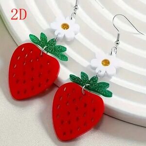 Strawberry Flower Dangle Earrings Fun Fruitcore Summer‎ Jewelry